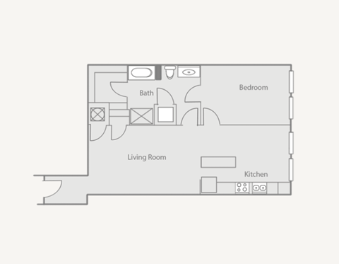 Floor plan for 1 bed, 1 bath, 889 sqft
